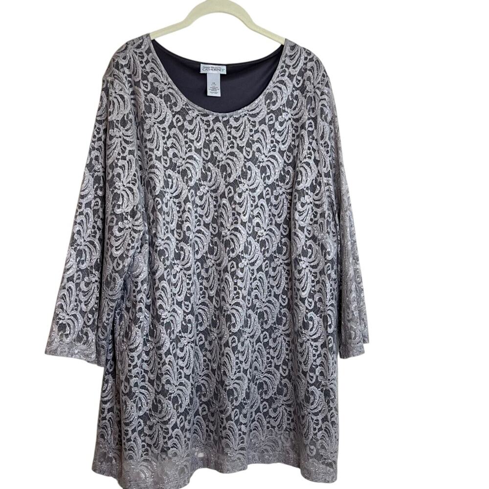 Maggie Barnes for Catherines Womens 2X Knit Top Silver Lace Overlay Blouse